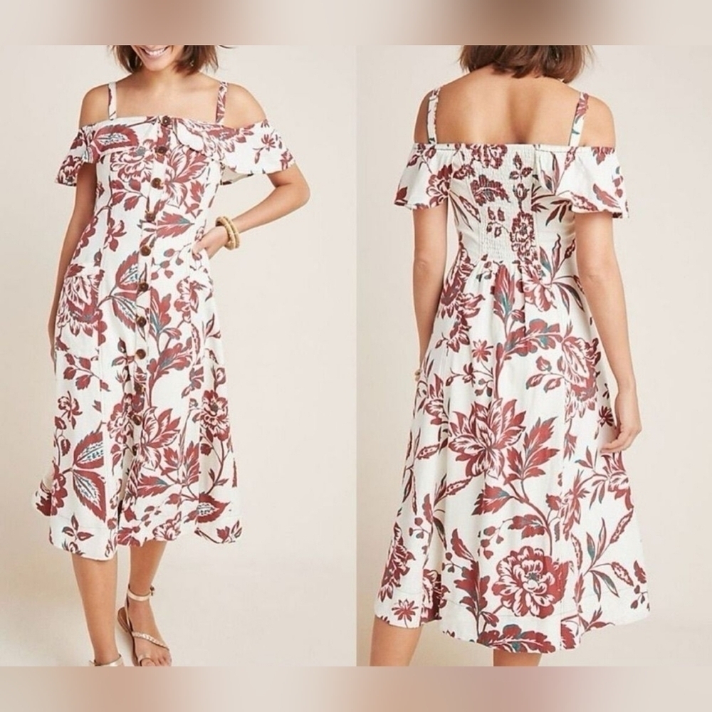 Anthropologie Women's Oahu Dress, Linen Midi Floral Burgundy Buttons Pockets, 0